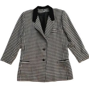 Vintage 90s Wool Blend Houndstooth Blazer Velvet Black and White Dark Academia